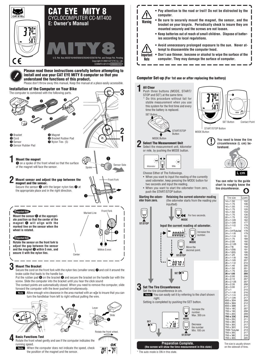 Cateye CC-MT400 owner manual Installation of the Computer on Your Bike, Tempt to disassemble the computer head 