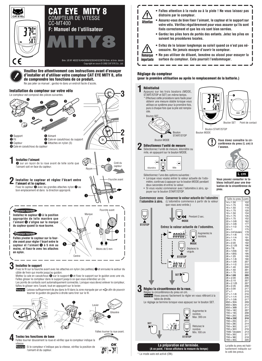 Cateye CC-MT400 owner manual Installation du compteur sur votre vélo, Réglage du compteur, La préparation est terminée 