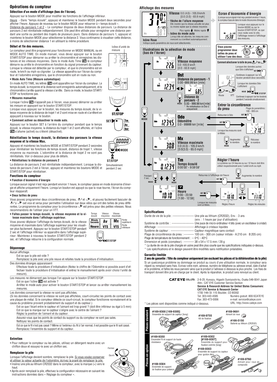 Cateye CC-MT400 Opérations du compteur, Affichage des mesures, Ecran d’économie d’énergie, Entrer la circonférence 