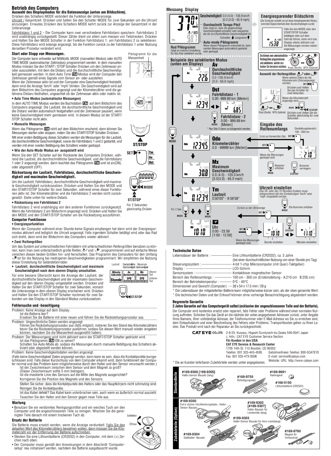 Cateye CC-MT400 Betrieb des Computers, Messung Display, Energiesparender Bildschirm, Eingabe des, Uhrzeit einstellen 