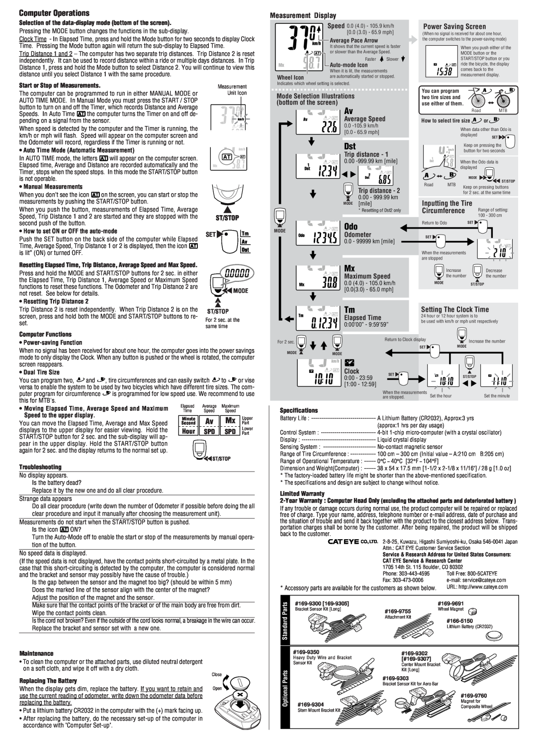 Cateye CC-MT400 owner manual Computer Operations, Measurement Display, Power Saving Screen 