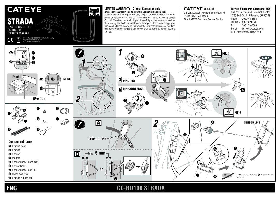 Cateye CC-RD100 warranty Limited Warranty 2-Year Computer only, Max mm 
