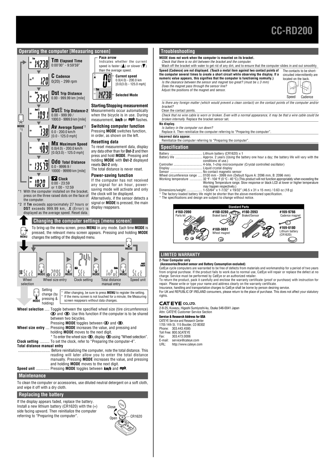 Cateye CC-RD200 manual Operating the computer Measuring screen, Troubleshooting, Specification, Maintenance 