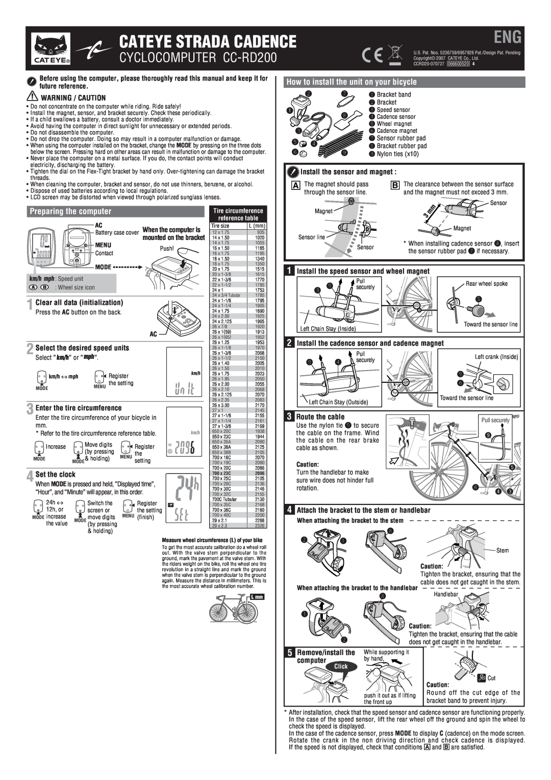 Cateye CC-RD200 manual How to install the unit on your bicycle, Preparing the computer, Warning / Caution, Set the clock 