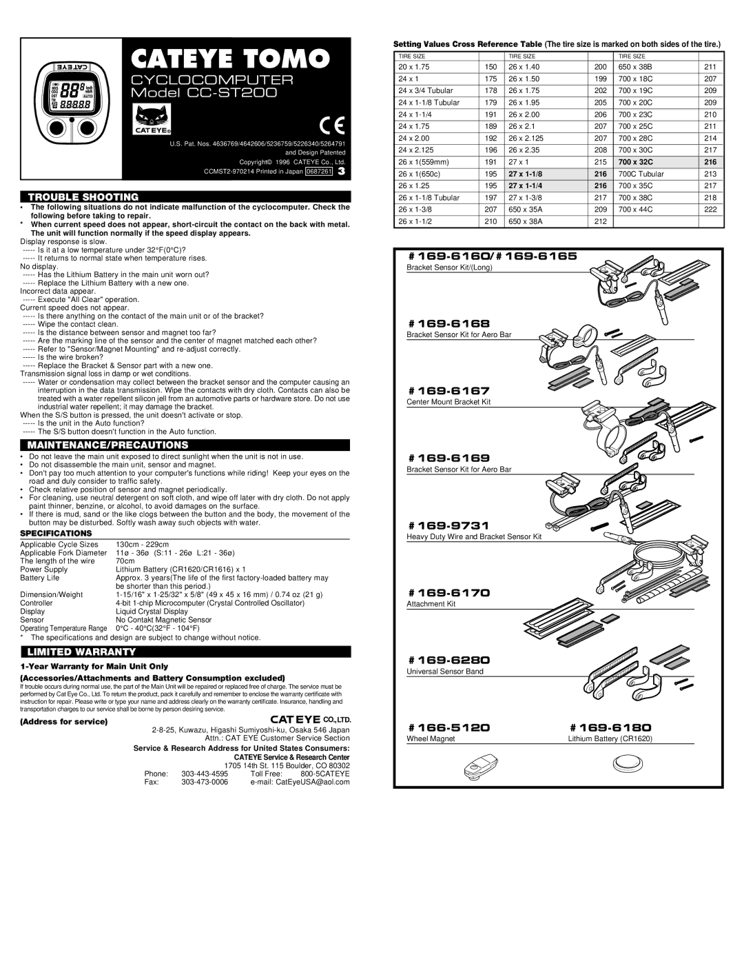 Cateye CC ST-200 specifications Trouble Shooting, Maintenance/Precautions, Limited Warranty, Specifications 