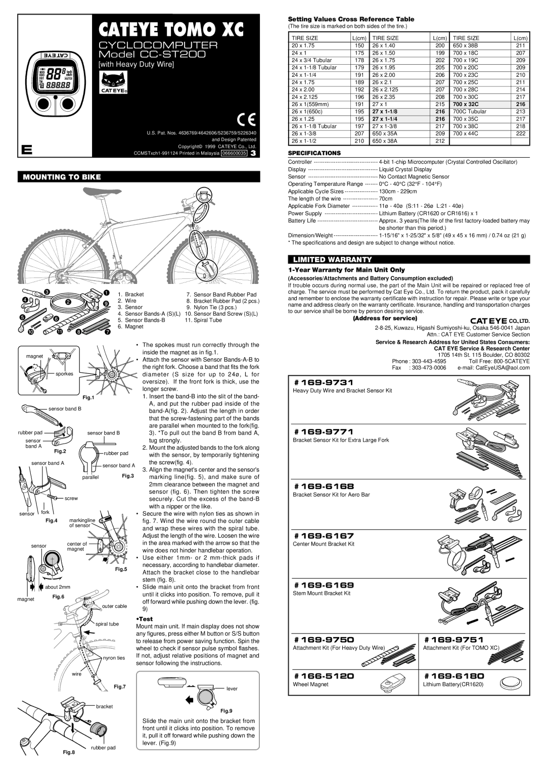 Cateye CC-ST200 warranty Mounting to Bike, Limited Warranty, Specifications 