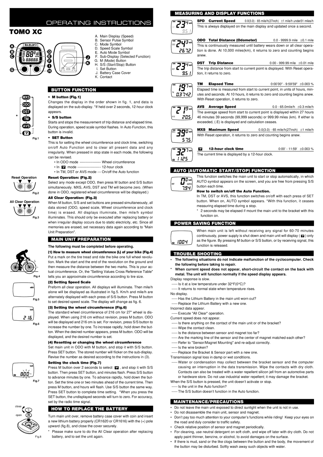 Cateye CC-ST200 warranty Measuring and Display Functions, Button Function, Main Unit Preparation, Power Saving Function 