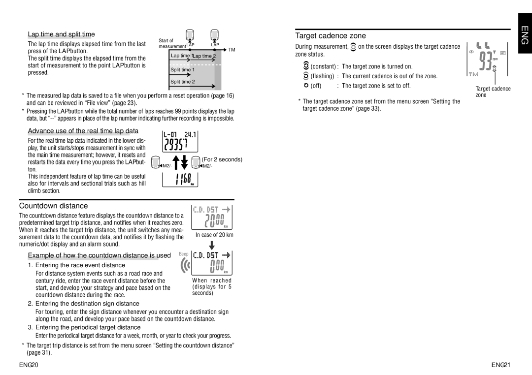 Cateye CC-TR200DW (V2c) instruction manual Target cadence zone, Countdown distance, Lap time and split time 