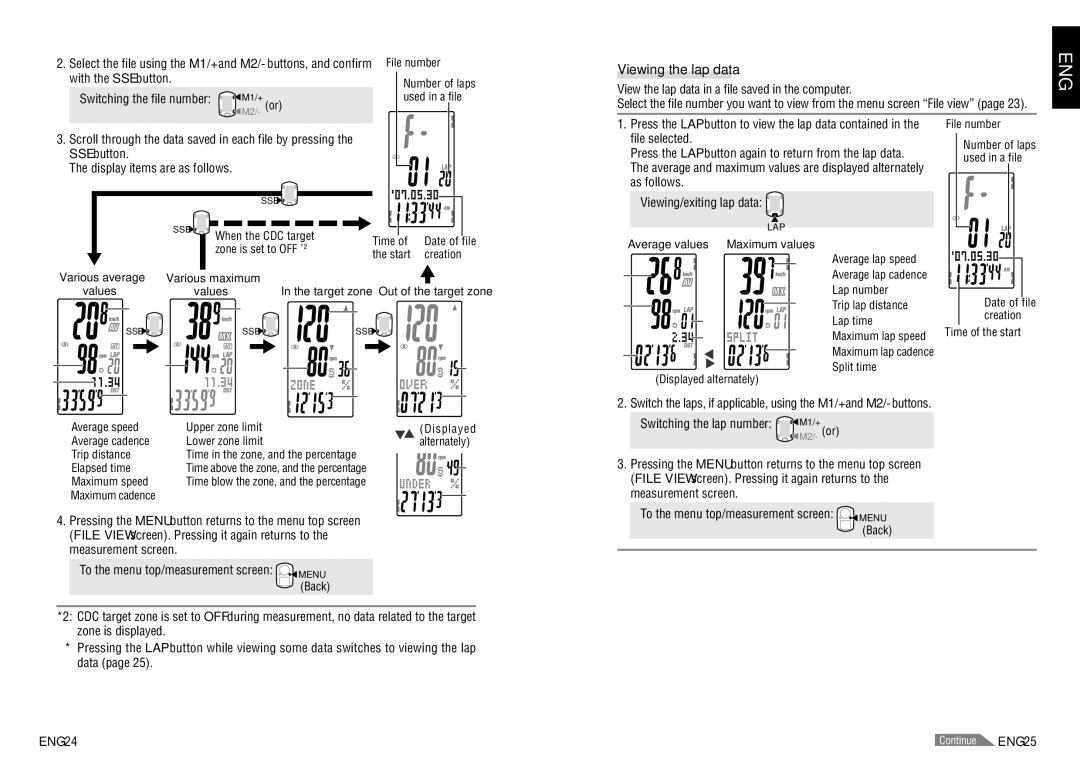 Cateye CC-TR200DW (V2c) instruction manual Viewing the lap data, ENG-24 