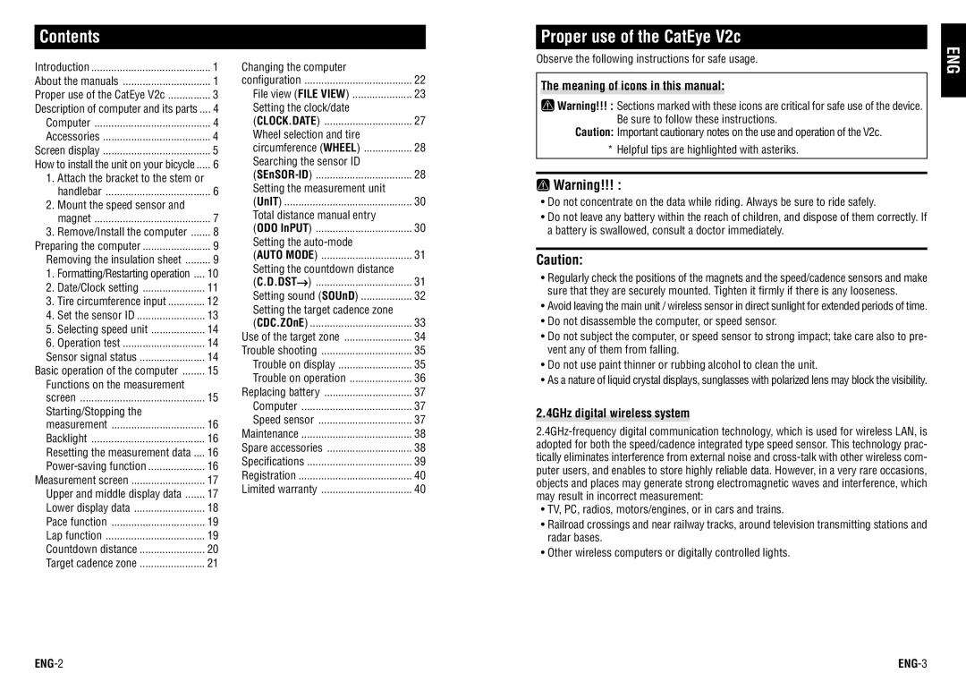 Cateye CC-TR200DW (V2c) instruction manual Contents, Proper use of the CatEye V2c 