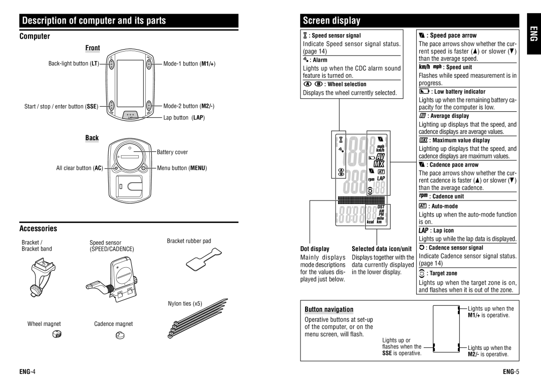 Cateye CC-TR200DW (V2c) instruction manual Description of computer and its parts Screen display, Computer, Accessories 