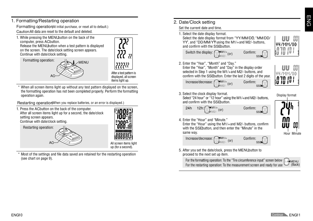 Cateye CC-TR200DW (V2c) instruction manual Formatting/Restarting operation, Date/Clock setting, 24h ↔ 12h, ENG-10 