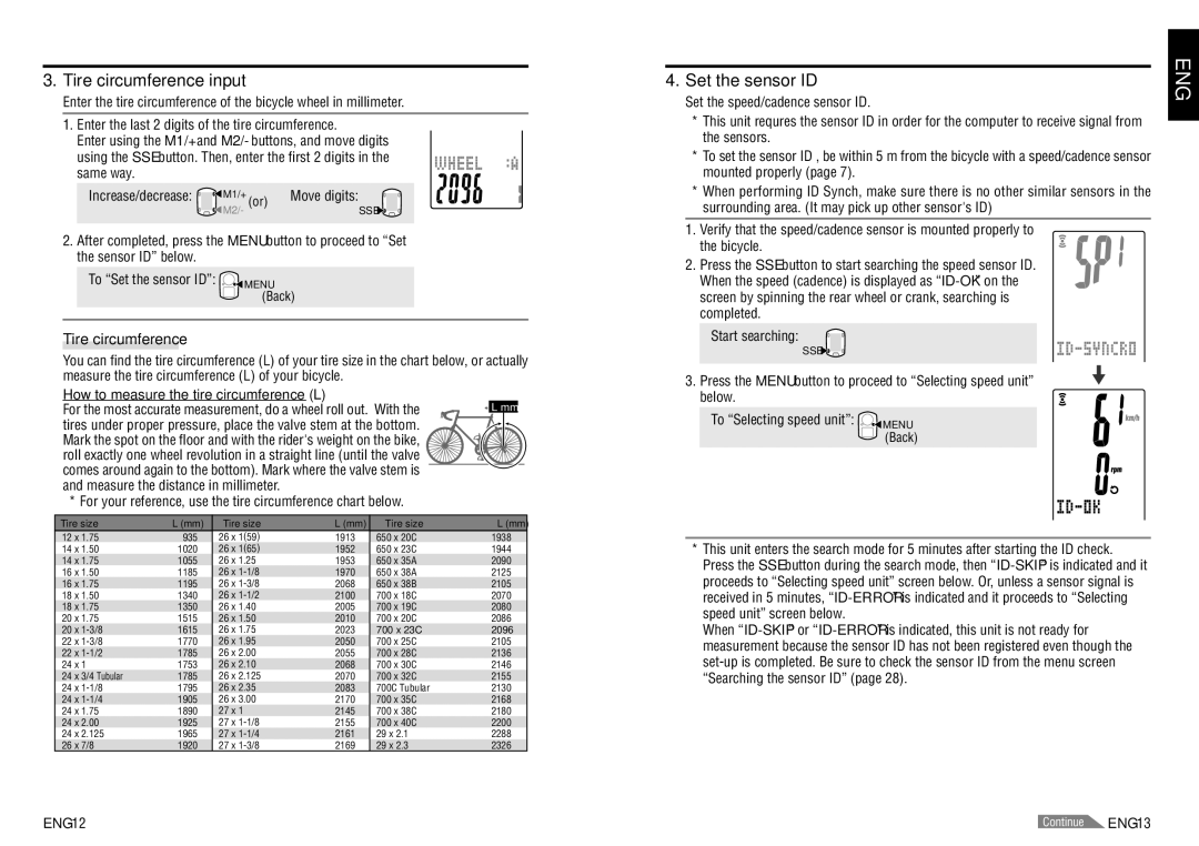 Cateye CC-TR200DW (V2c) Tire circumference input, Set the sensor ID, How to measure the tire circumference L, ENG-12 