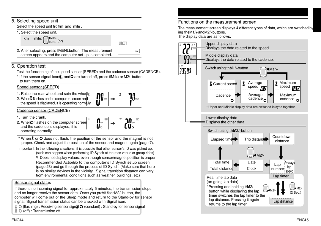 Cateye CC-TR200DW (V2c) instruction manual Basic operation of the computer, Selecting speed unit, Operation test 