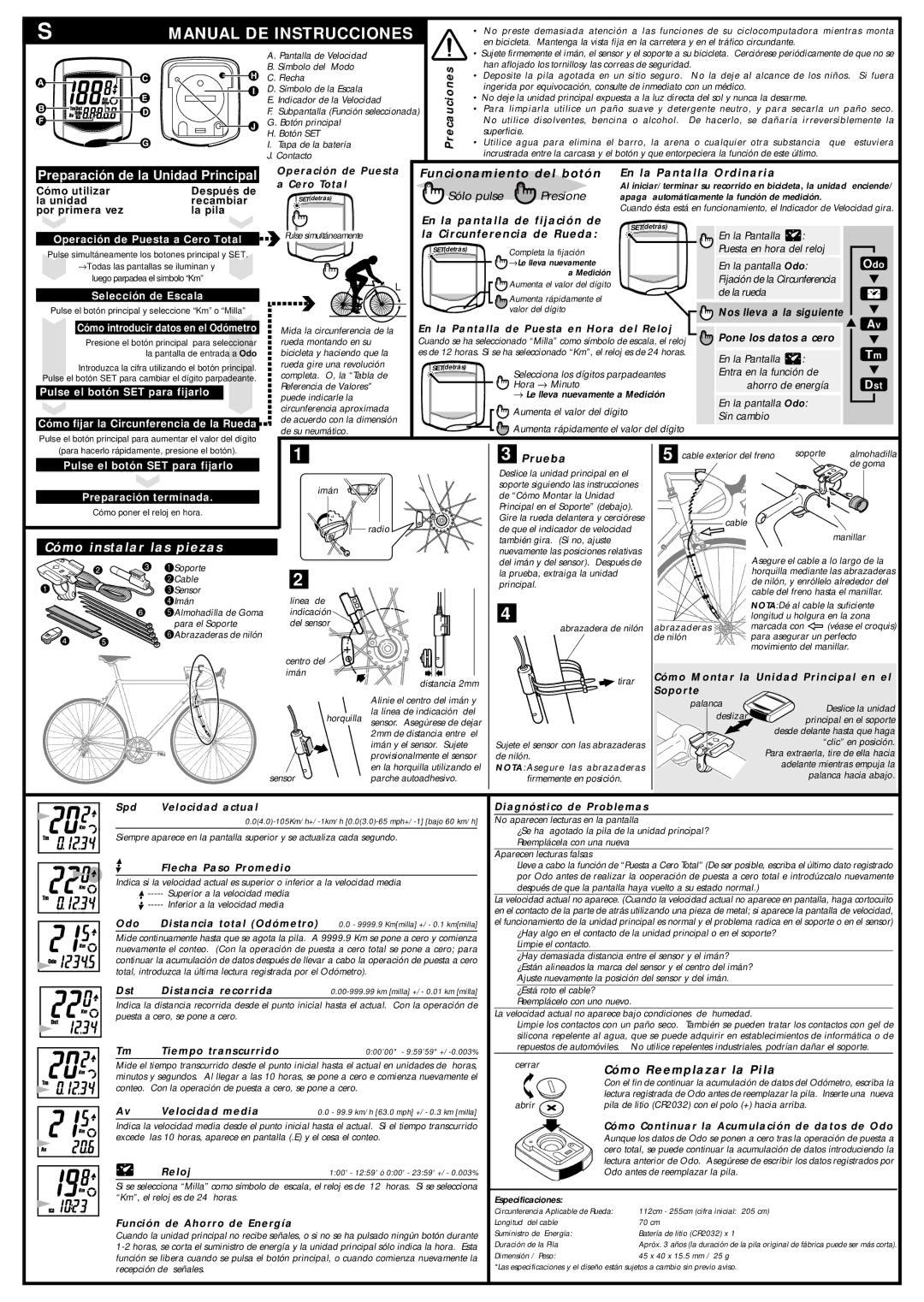 Cateye CC-VL200 Precauciones, Operación de Puesta, En la Pantalla Ordinaria, Cómo utilizar Después de Cero Total, Prueba 