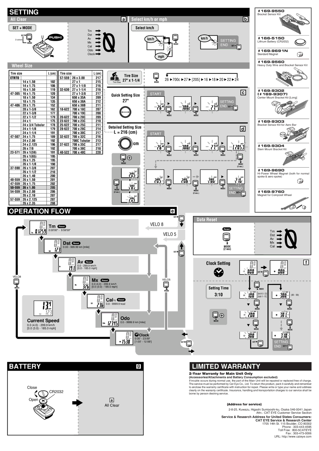 Cateye CC-VL500, CC-VL800 specifications Operation Flow, Battery, Limited Warranty 