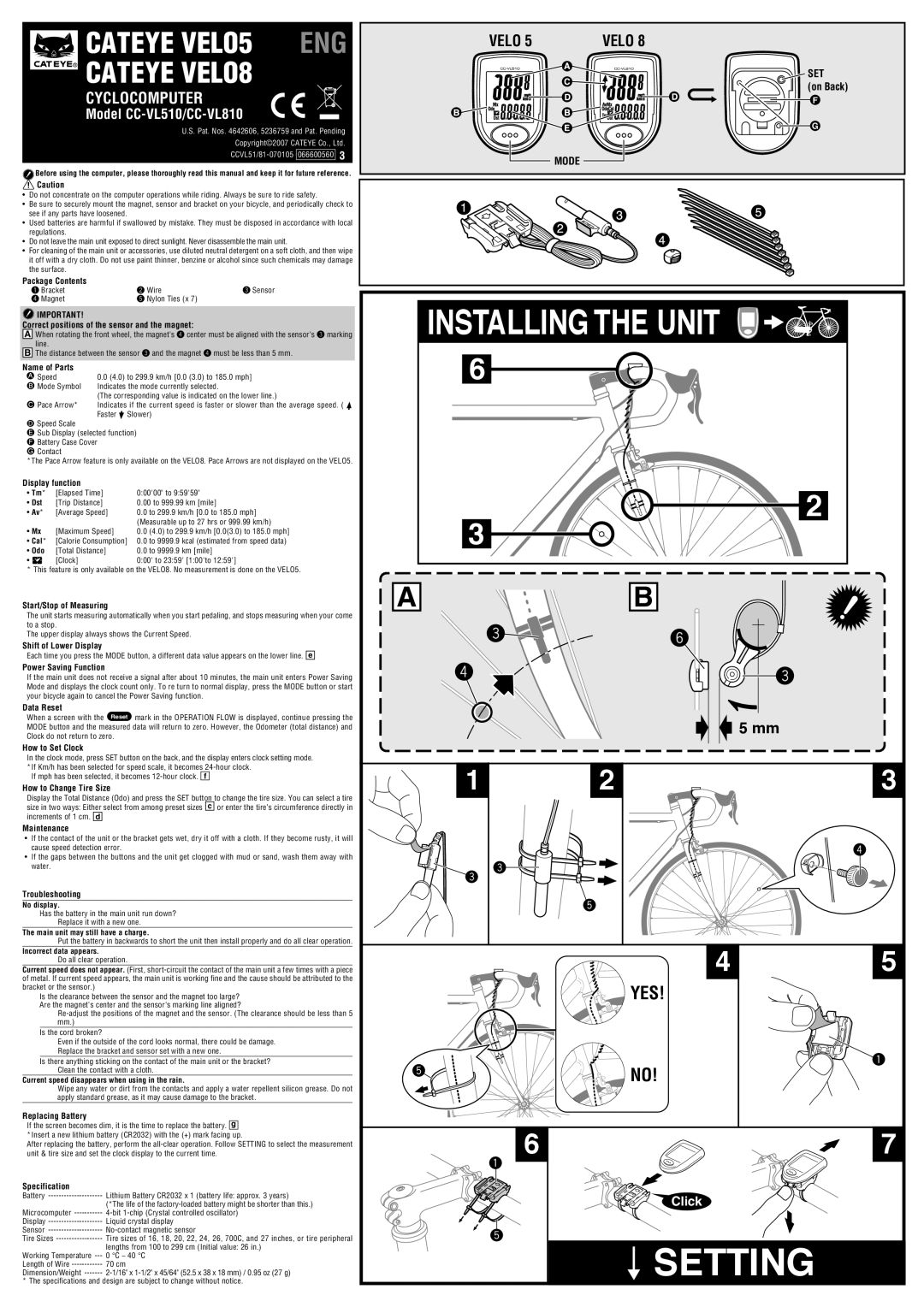 Cateye CC-VL810 specifications Package Contents, Correct positions of the sensor and the magnet, Name of Parts, Dst, Odo 