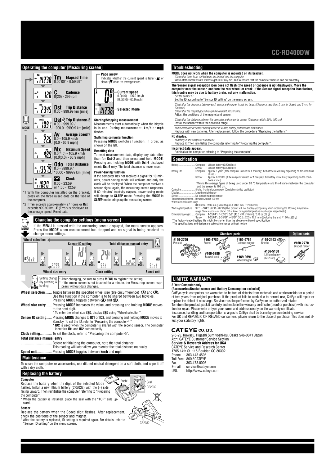 Cateye CCRD4DW-081030, CC-RD400DW Cadence, Clock, Pace arrow, Current speed, Selected Mode, Total distance manual entry 