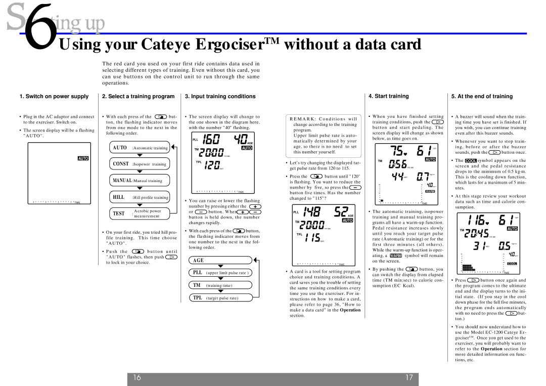 Cateye EC-1200 operating instructions Using your Cateye ErgociserTM without a data card 