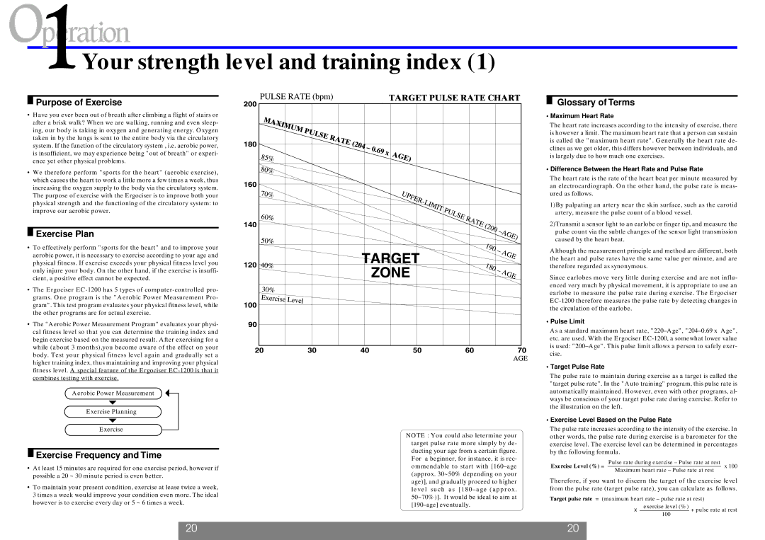 Cateye EC-1200 Your strength level and training index, Purpose of Exercise, Exercise Plan, Exercise Frequency and Time 