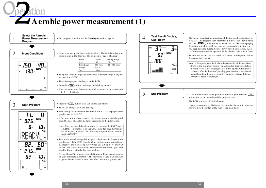 Cateye EC-1200 operating instructions Aerobic power measurement, Start Program, Test Result Display, Cool Down, End Program 