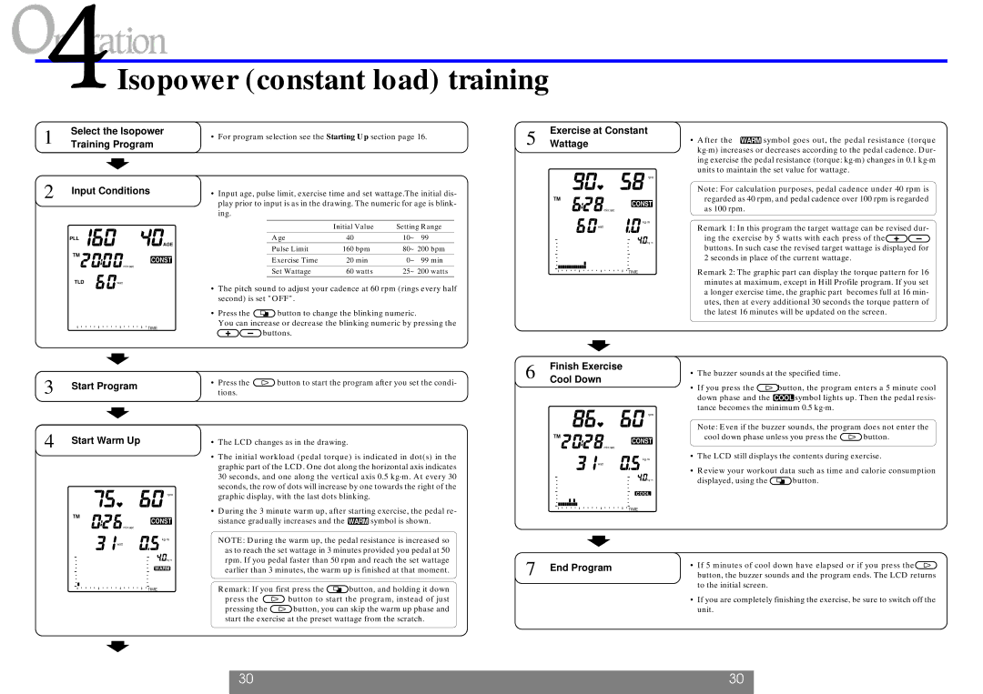 Cateye EC-1200 Isopower constant load training, Select the Isopower, ExerciseWattage at Constant, Finish Exercise 