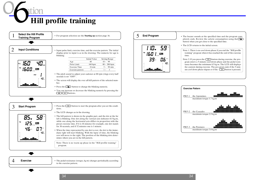 Cateye EC-1200 operating instructions Hill profile training, Select the Hill Profile, Exercise Pattern 