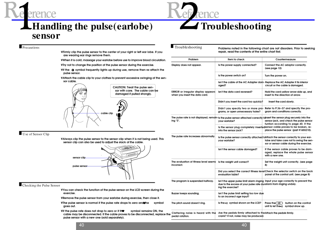 Cateye EC-1200 operating instructions Handling the pulseearlobe sensor, Troubleshooting 