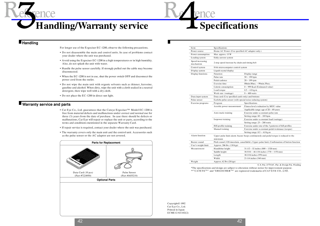 Cateye EC-1200 operating instructions Handling/Warranty service, Specifications, Warranty service and parts 