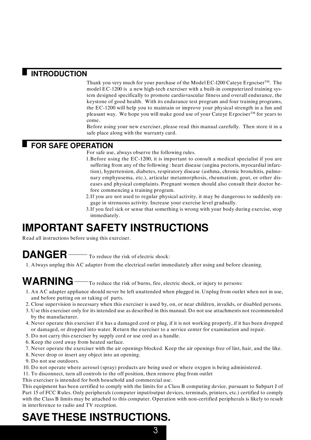 Cateye EC-1200 operating instructions Important Safety Instructions 