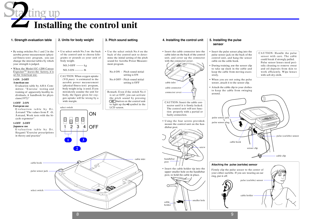 Cateye EC-1200 operating instructions Installing the control unit, Strength evaluation table, Units for body weight 