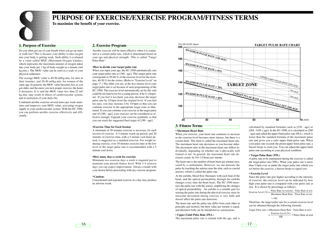 Cateye EC-35OO operating instructions Purpose of EXERCISE/EXERCISE PROGRAM/FITNESS Terms, Exercise Program, Fitness Terms 