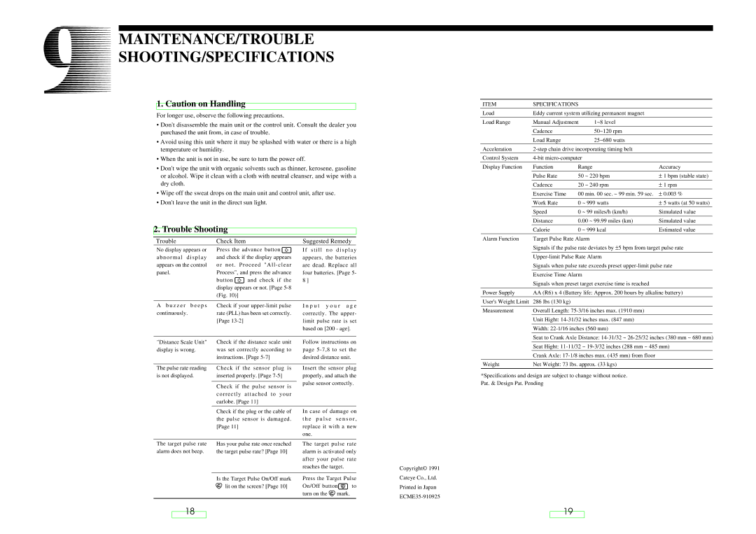 Cateye EC-35OO operating instructions Maintenance/Trouble Shooting/Specifications 