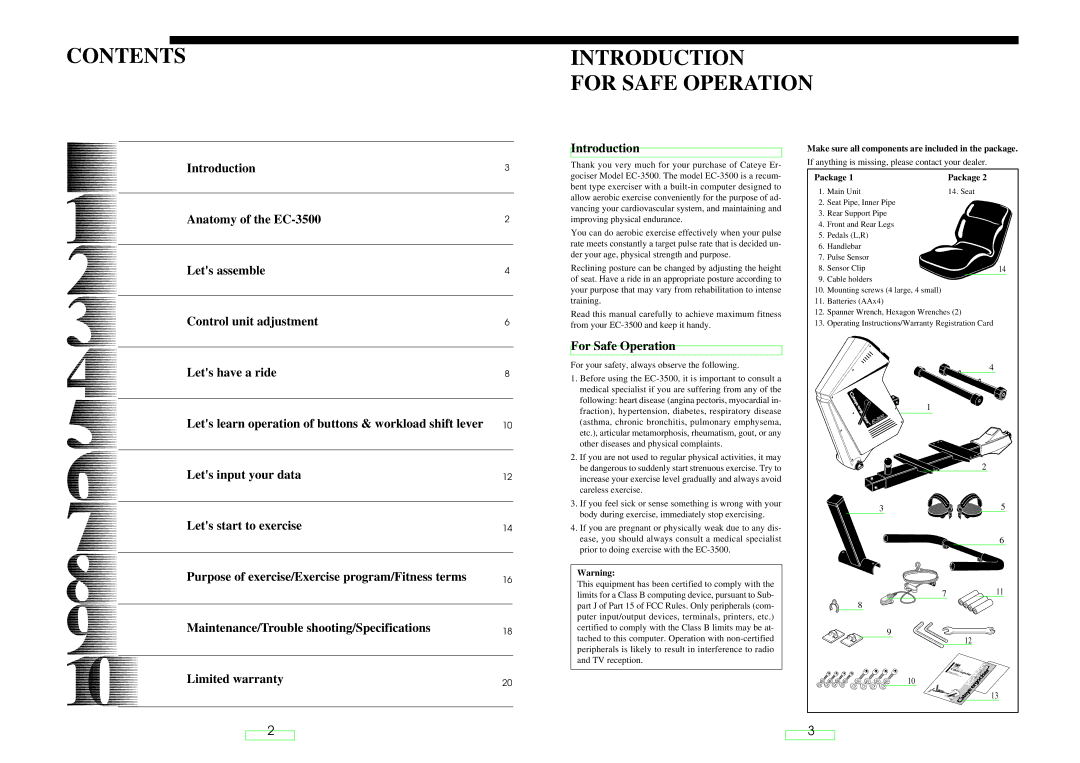 Cateye EC-35OO operating instructions Contents Introduction For Safe Operation 