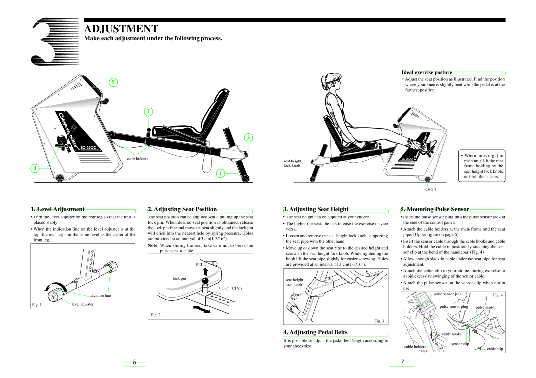 Cateye EC-35OO Make each adjustment under the following process, Level Adjustment, Adjusting Pedal Belts 