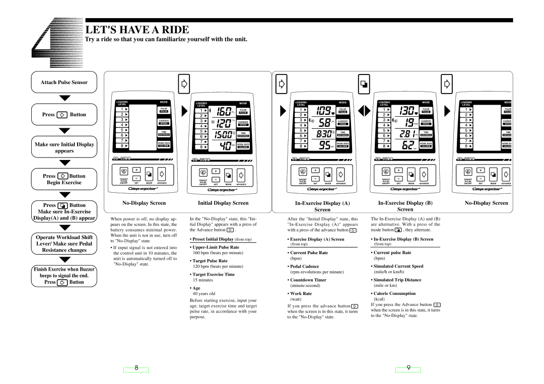 Cateye EC-35OO operating instructions Lets have a Ride, Initial Display Screen, In-Exercise Display a Screen 