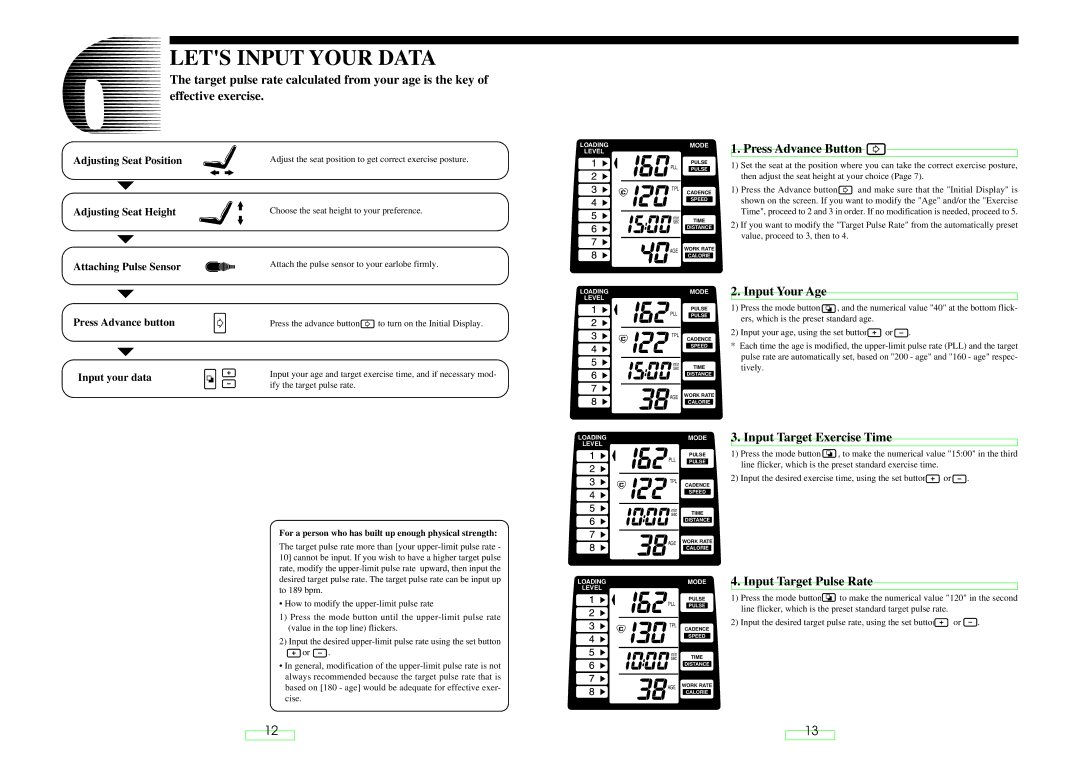 Cateye EC-35OO Lets Input Your Data, Press Advance Button a, Input Your Age, Input Target Exercise Time 