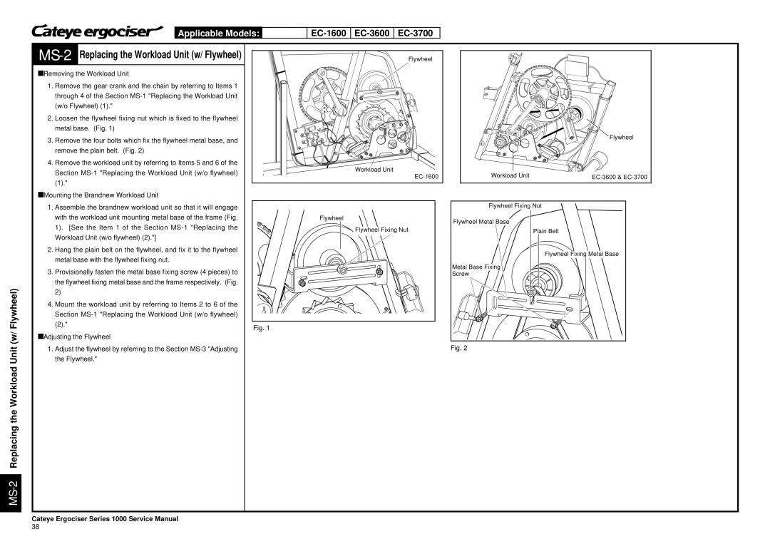 Cateye EC-3700, EC-3600 service manual Flywheel, MS-2Replacing the Workload Unit, ÀMounting the Brandnew Workload Unit 