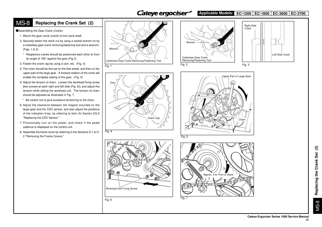 Cateye EC-3600, EC-3700 Figs, An angle of 180 against the gear, Fasten the crank cap by using a coin, etc. Fig 