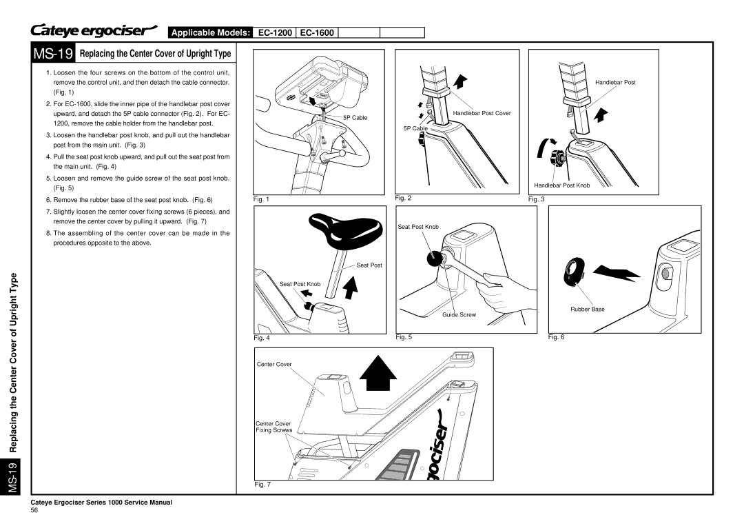 Cateye EC-3700, EC-3600 service manual MS-19Replacing the Center Cover of Upright Type, EC-1200 EC-1600 