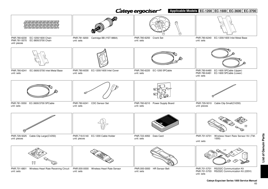 Cateye EC-3600, EC-3700 service manual Parts, PNR.701-6701 Wireless Heart Rate Senaor Kit TM, Unit sets 1000 