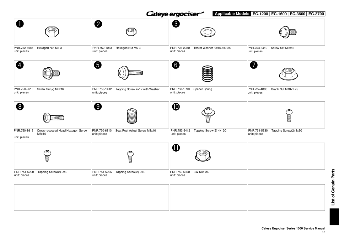 Cateye EC-3600, EC-3700 service manual List of Genuin Parts 