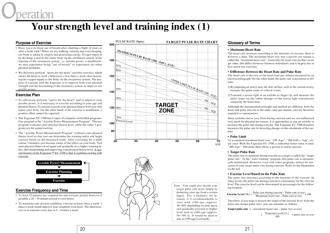 Cateye EC-37OO Your strength level and training index, Purpose of Exercise, Exercise Plan, Exercise Frequency and Time 