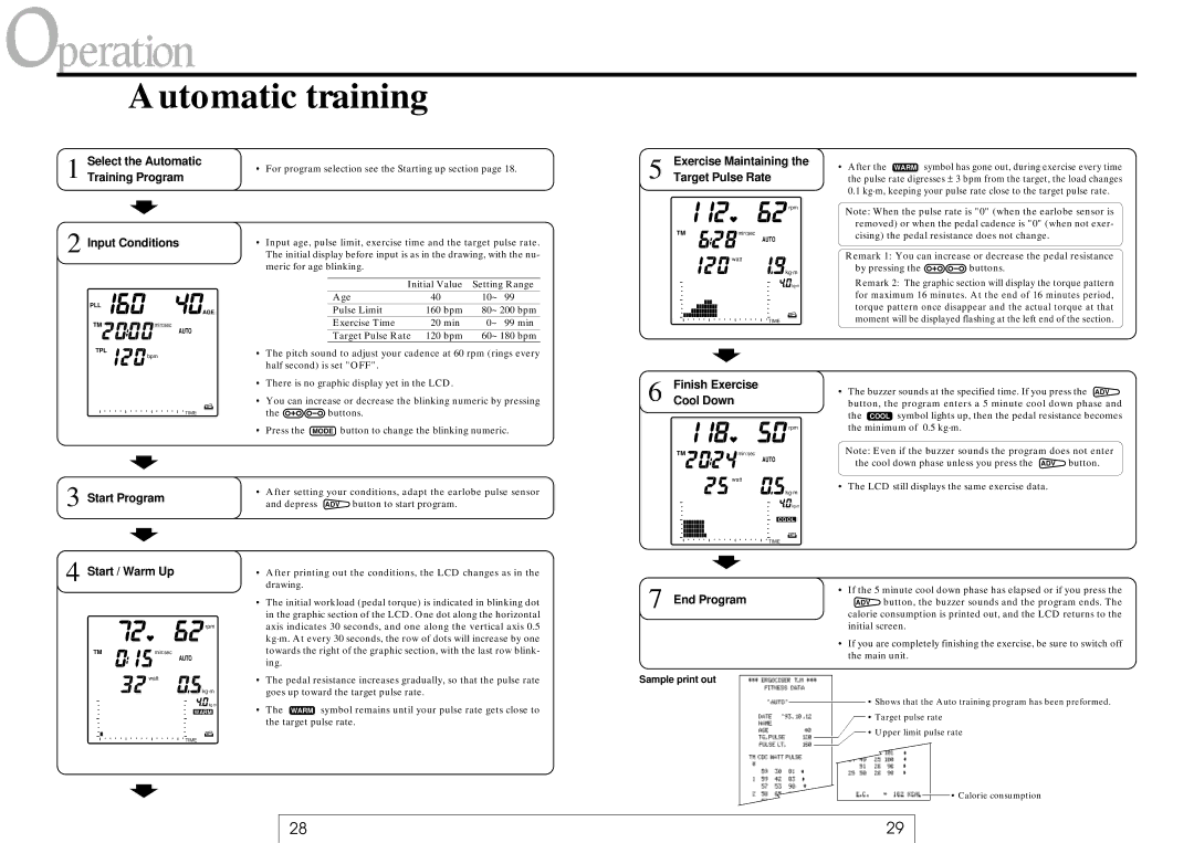 Cateye EC-37OO Automatic training, Select the Automatic Training Program Input Conditions, Start Program Start / Warm Up 