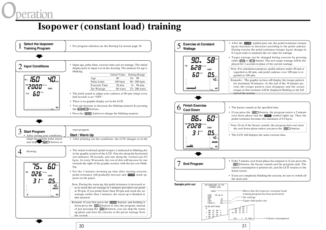 Cateye EC-37OO Isopower constant load training, Select the Isopower Training Program Input Conditions 