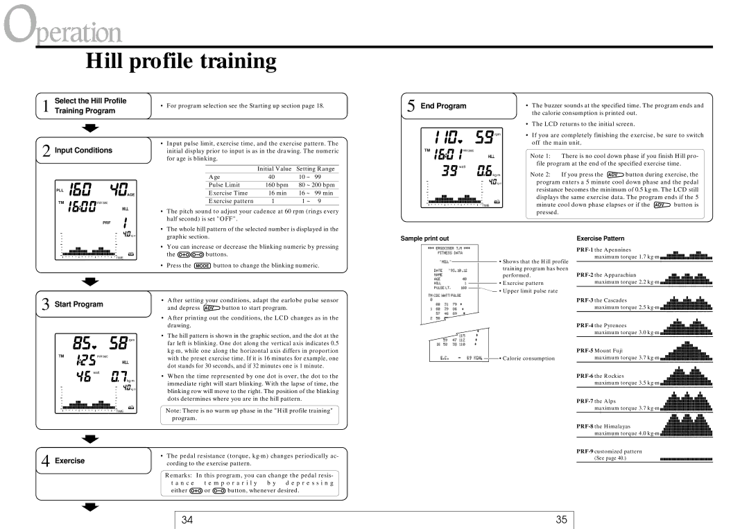 Cateye EC-37OO operating instructions Hill profile training, Select the Hill Profile Training Program Input Conditions 