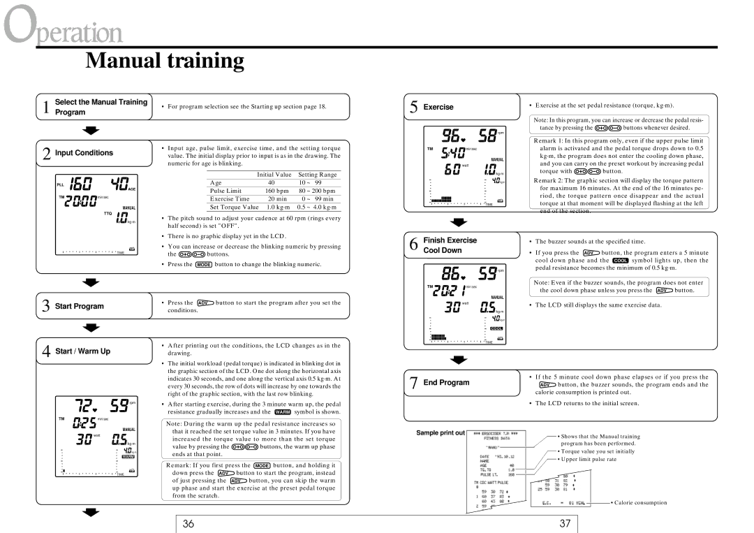 Cateye EC-37OO operating instructions Manual training, Select the Manual Training Program Input Conditions 