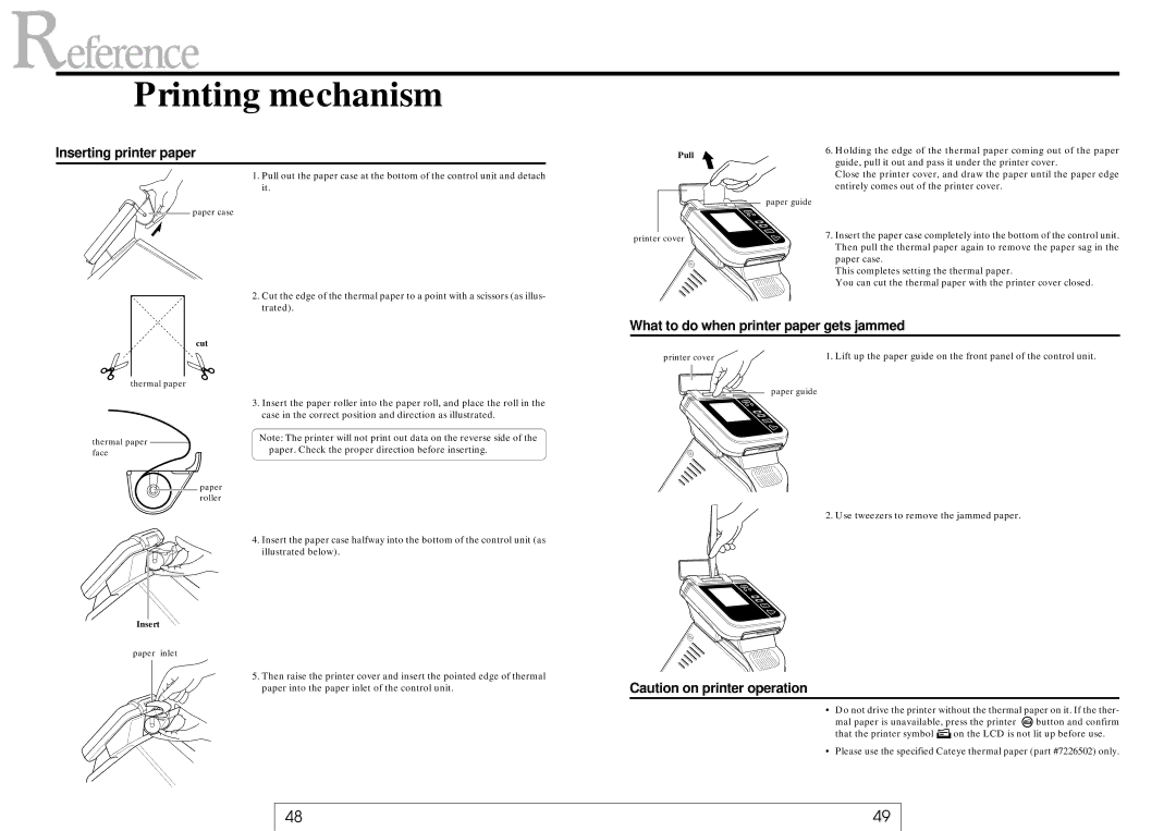 Cateye EC-37OO Printing mechanism, Inserting printer paper, What to do when printer paper gets jammed 