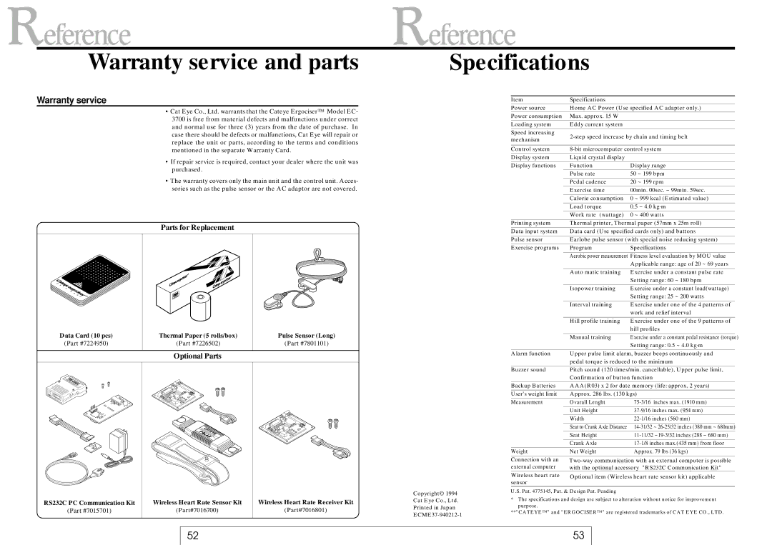 Cateye EC-37OO operating instructions Warranty service and parts, Specifications 