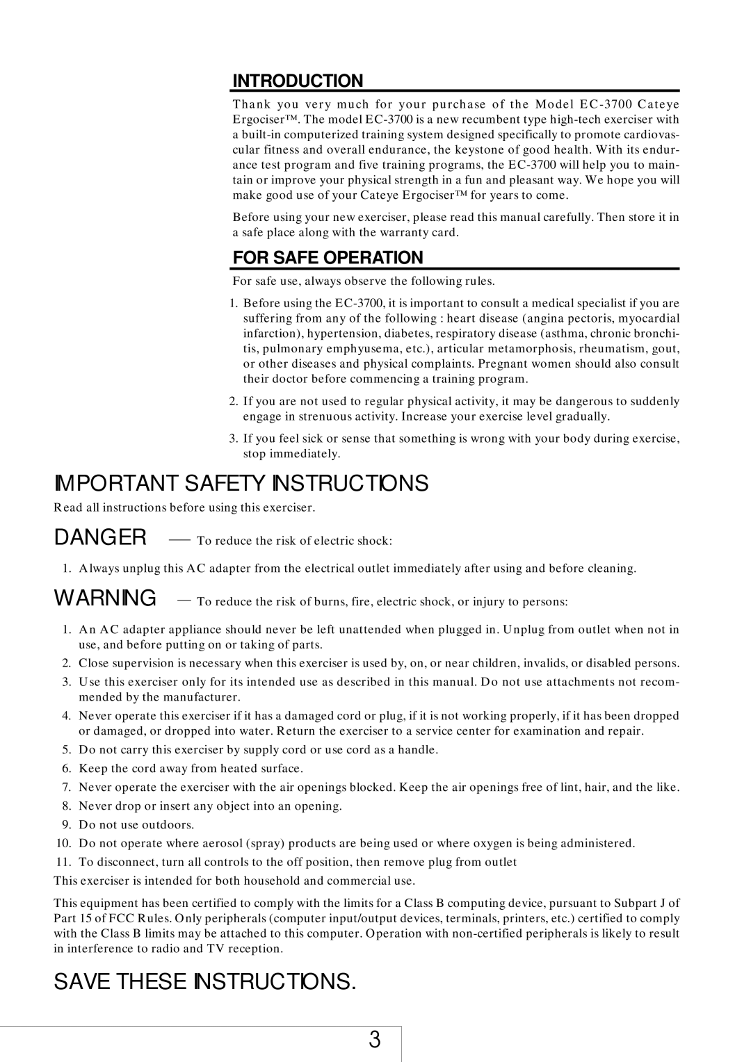 Cateye EC-37OO operating instructions Important Safety Instructions 